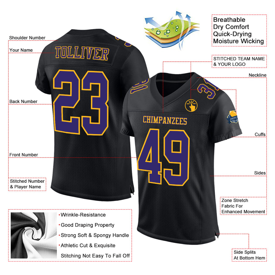 Custom Black Purple-Gold Mesh Authentic Football Jersey