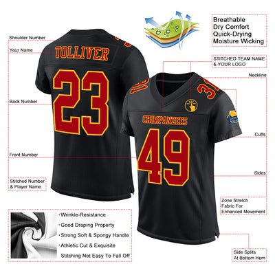 Custom Black Red-Gold Mesh Authentic Football Jersey