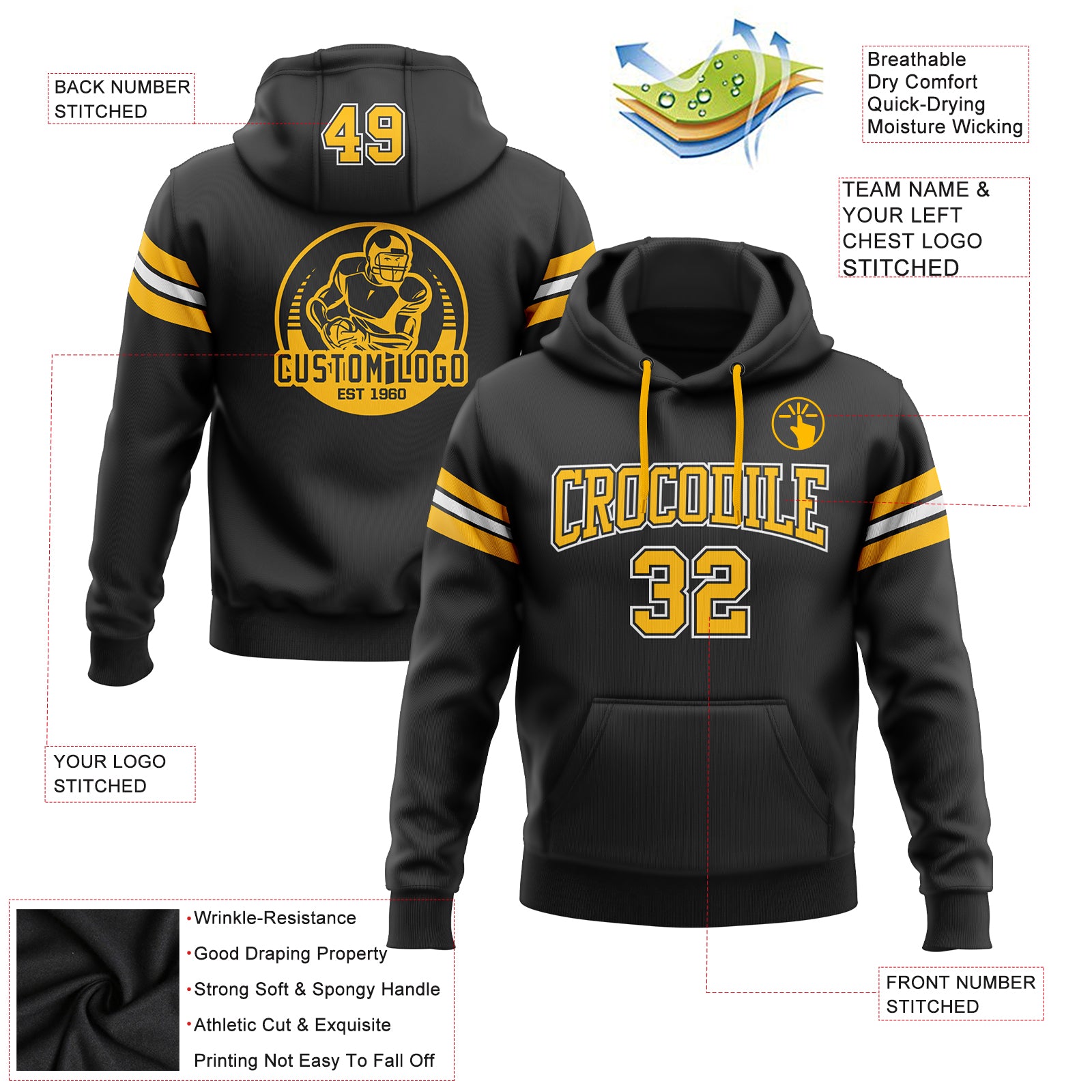 Custom Stitched Black Gold-White Football Pullover Sweatshirt Hoodie