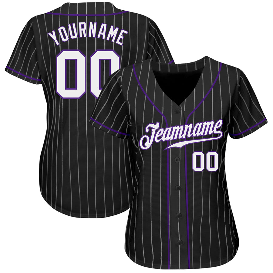 Custom Black White Pinstripe White-Purple Authentic Baseball Jersey