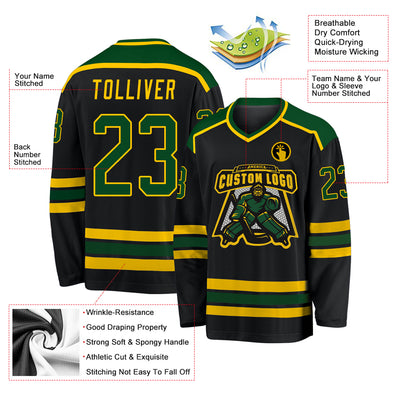 Custom Black Green-Gold Hockey Jersey