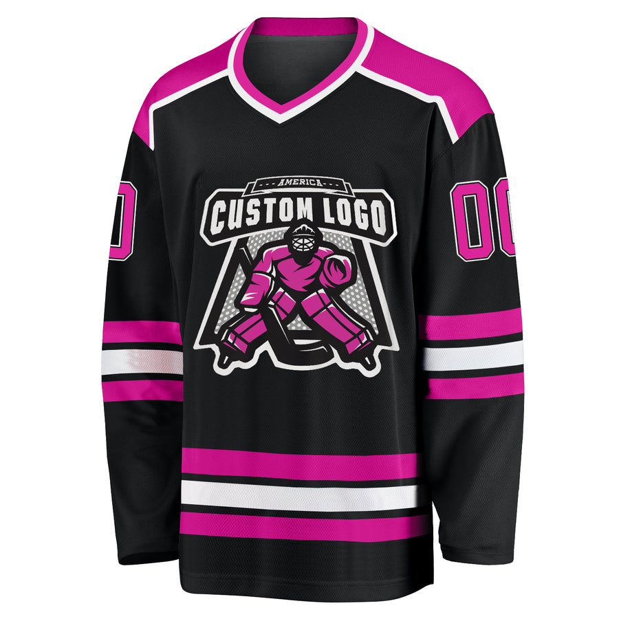 Custom Black Deep Pink-White Hockey Jersey