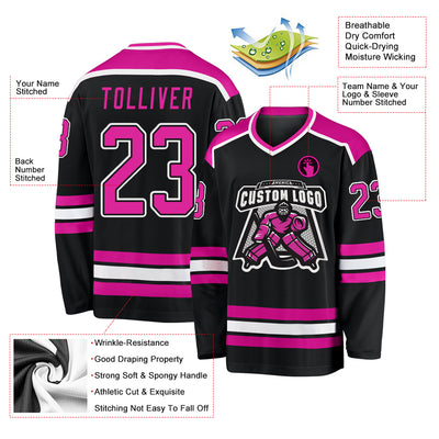 Custom Black Deep Pink-White Hockey Jersey