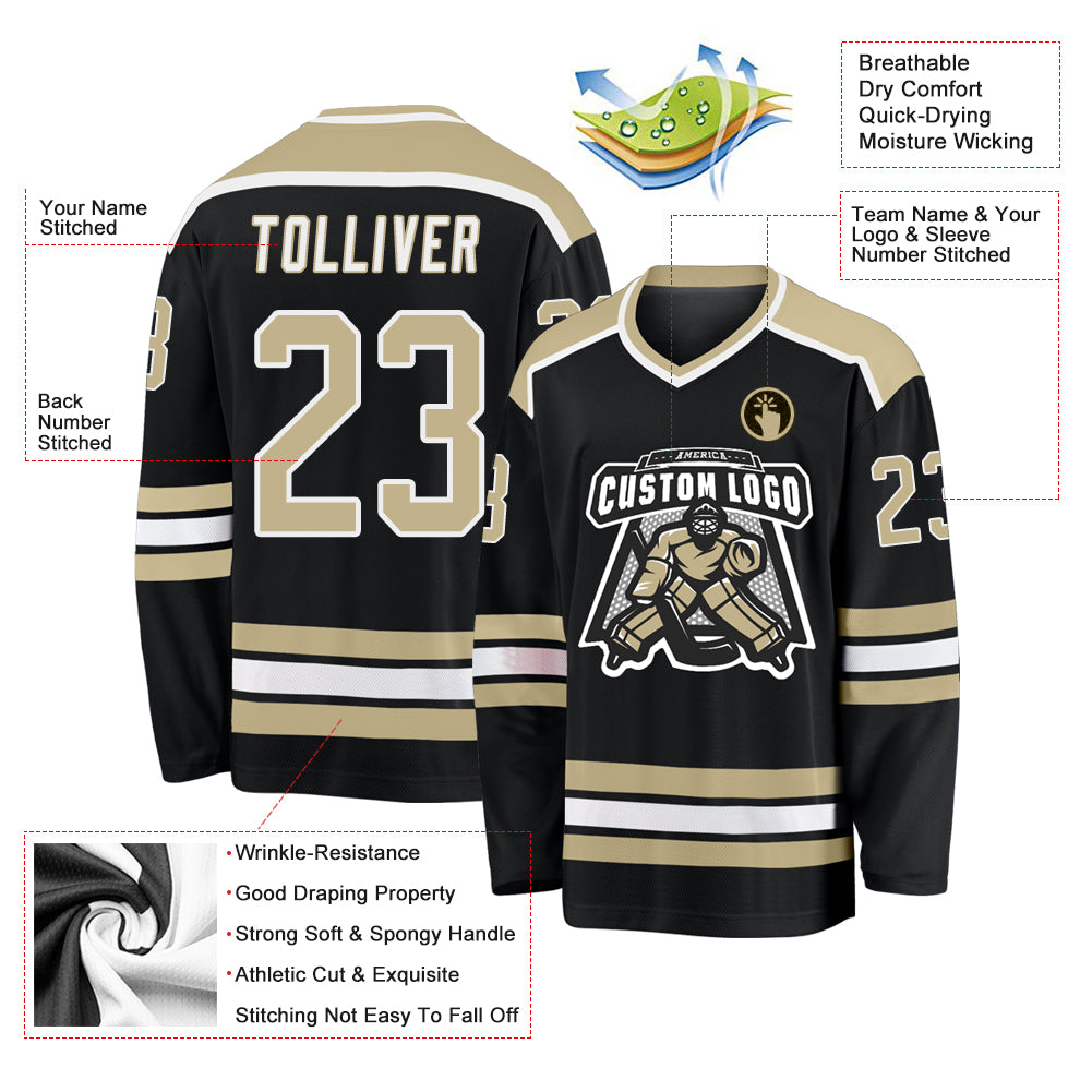 Custom Black Vegas Gold-White Hockey Jersey