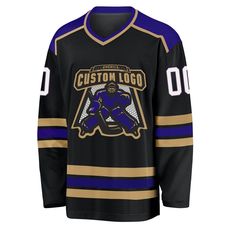 Custom Black White Old Gold-Dark Purple Hockey Jersey