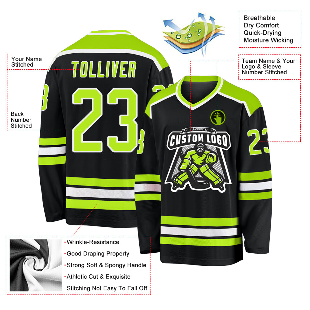 Custom Black Neon Green-White Hockey Jersey