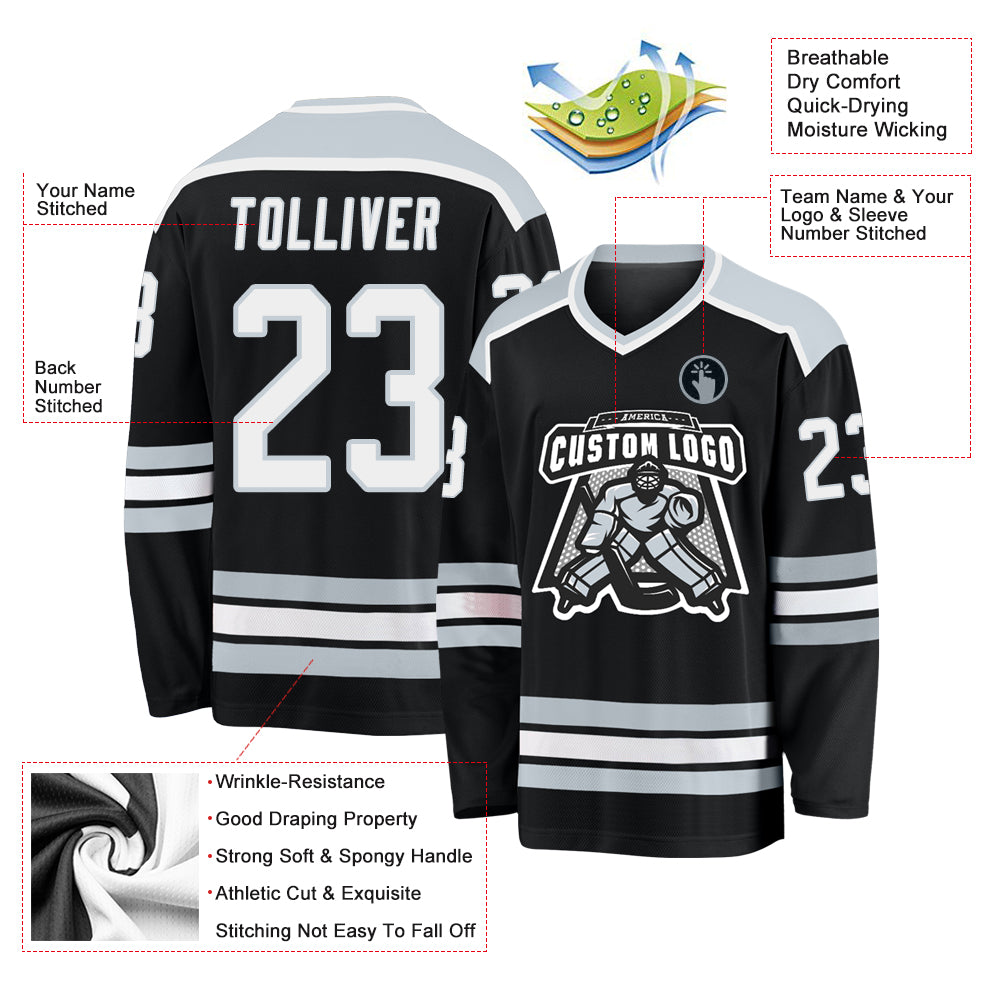 Custom Black White-Silver Hockey Jersey