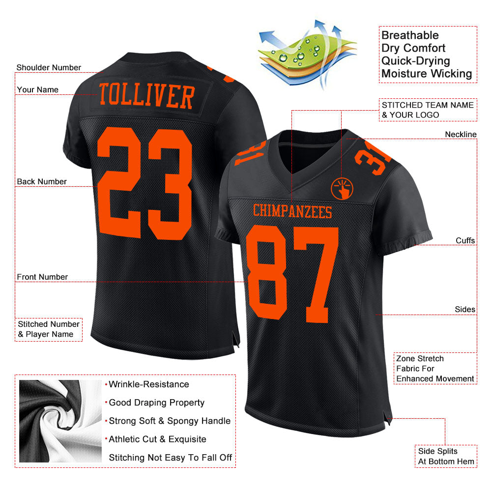 Custom Black Orange Mesh Authentic Football Jersey