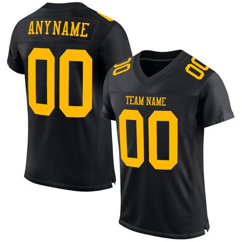 Custom Black Football Jersey Gold Mesh Authentic - FansIdea