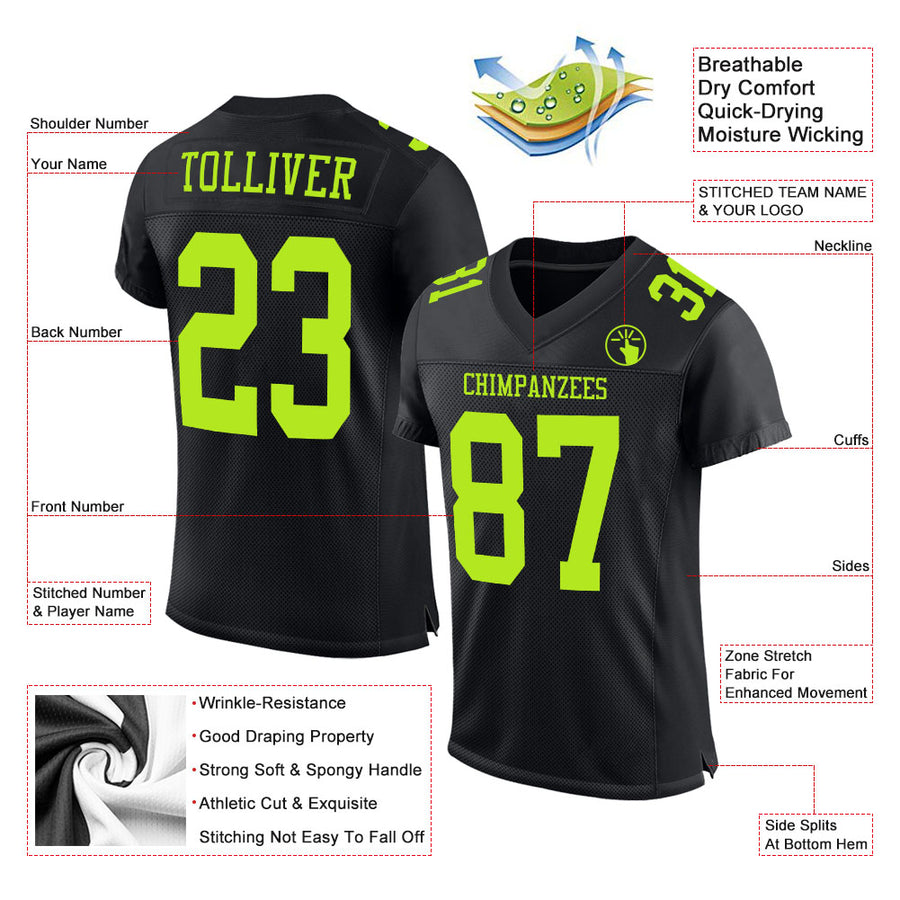 Custom Black Neon Green Mesh Authentic Football Jersey