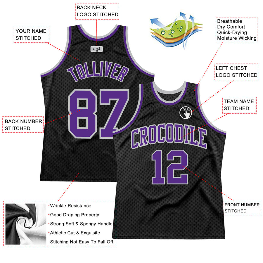 Custom Black Purple-Gray Authentic Throwback Basketball Jersey