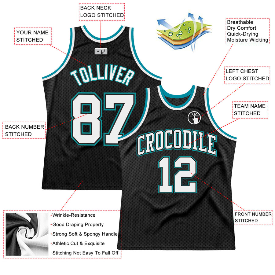 Custom Black White-Teal Authentic Throwback Basketball Jersey