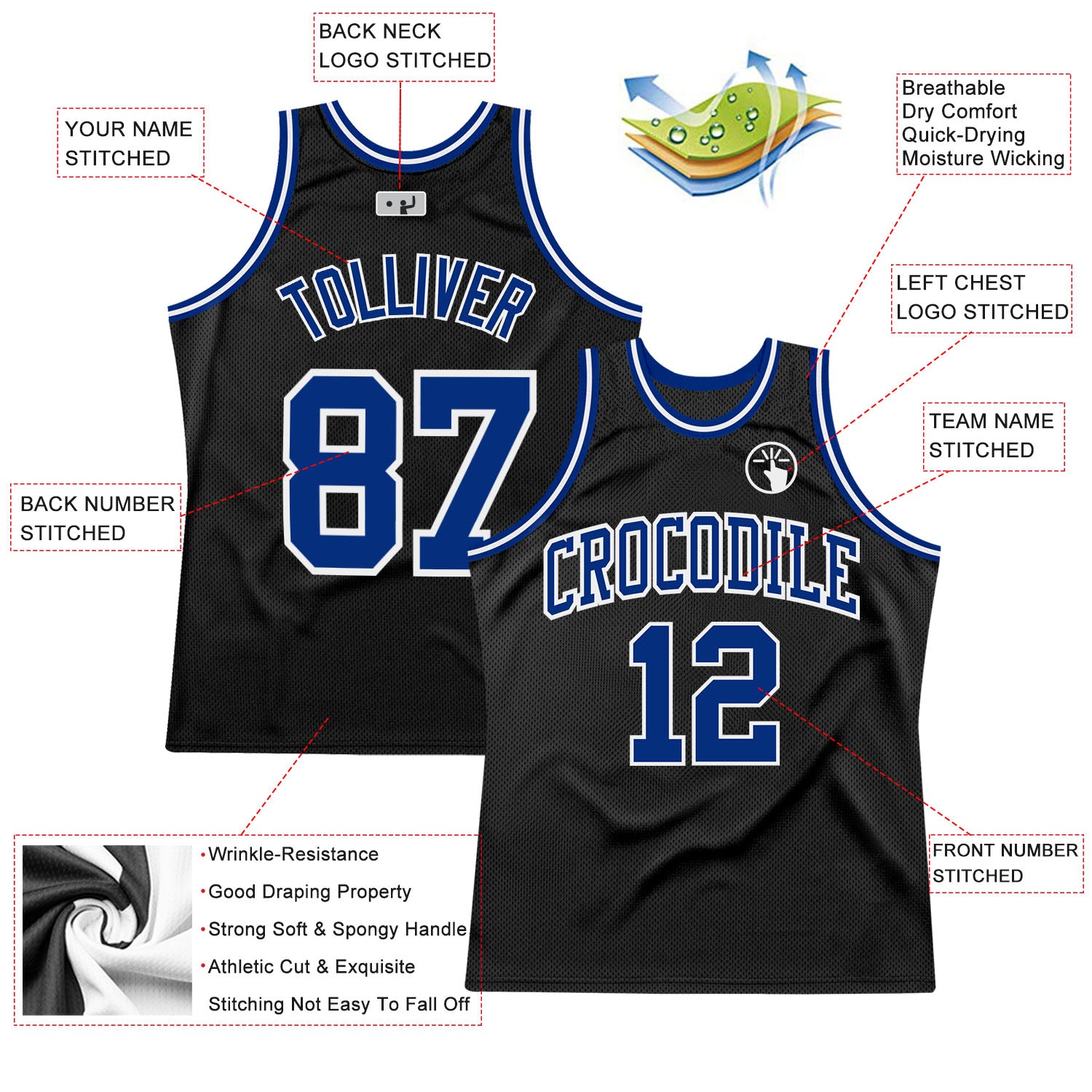 Custom Black Royal-White Authentic Throwback Basketball Jersey