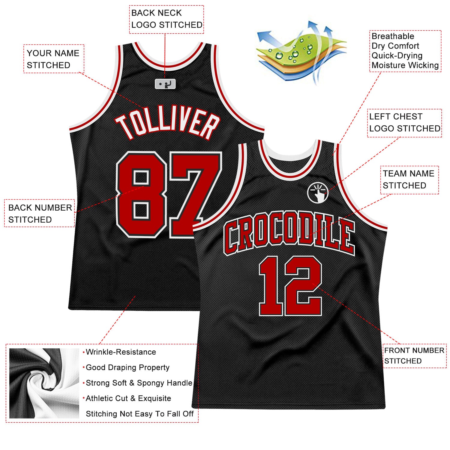 Custom Black Red-White Authentic Throwback Basketball Jersey