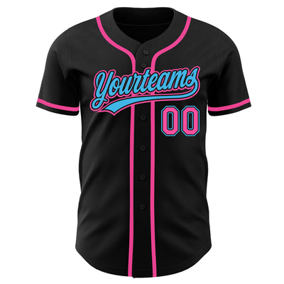 Custom Black Pink-Sky Blue Authentic Baseball Jersey