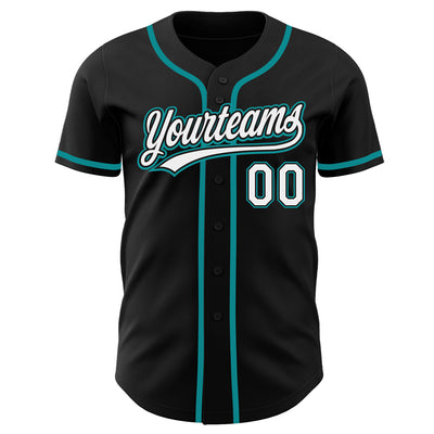 Custom Black White-Teal Authentic Baseball Jersey