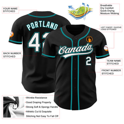 Custom Black White-Teal Authentic Baseball Jersey