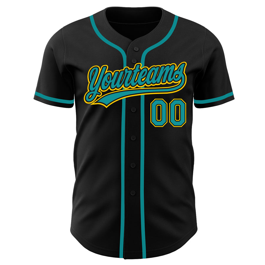 Custom Black Teal-Gold Authentic Baseball Jersey