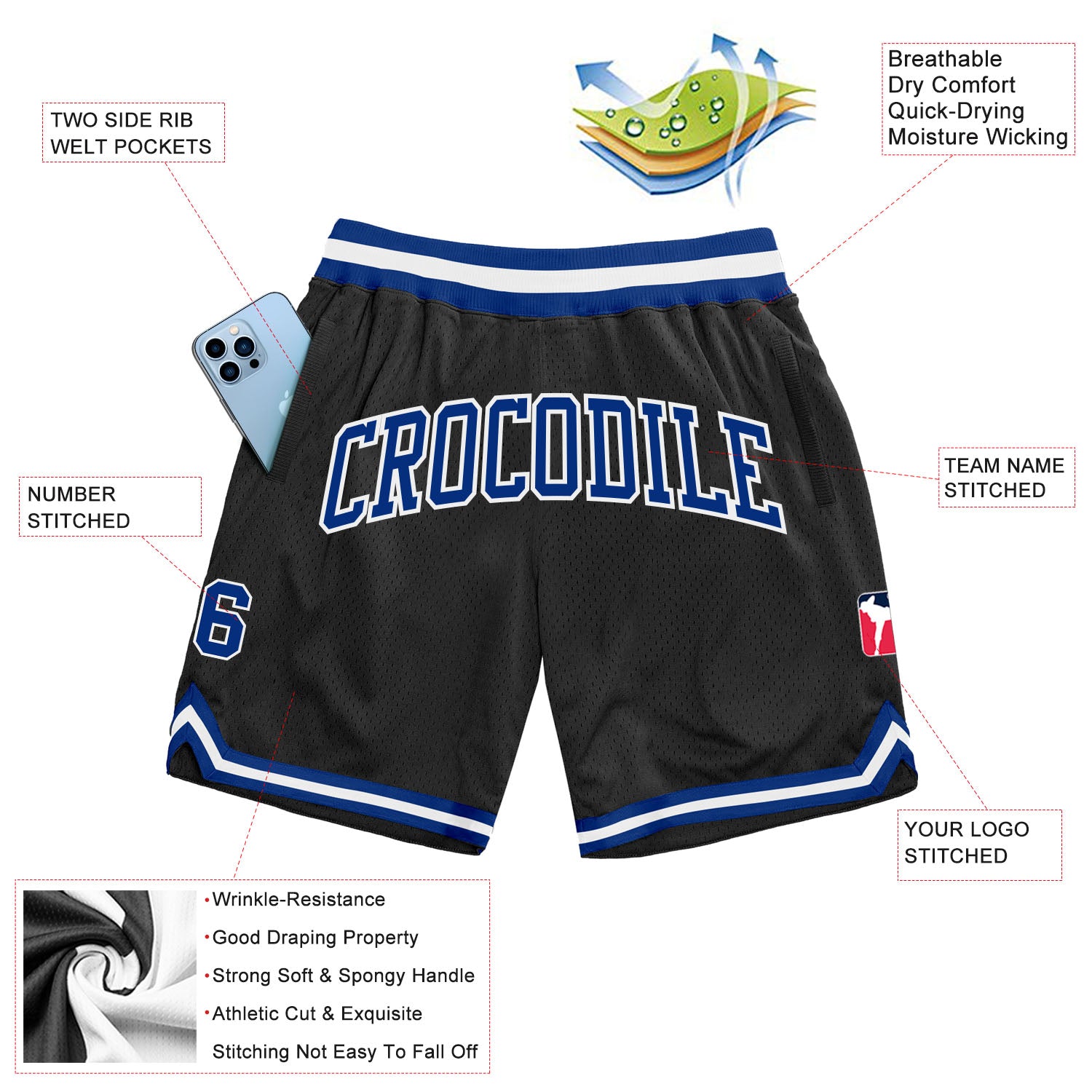 Custom Black Royal-White Authentic Throwback Basketball Shorts