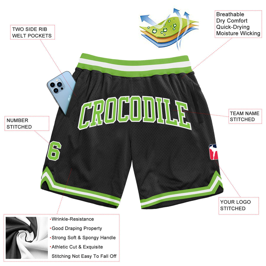 Custom Black Neon Green-White Authentic Throwback Basketball Shorts