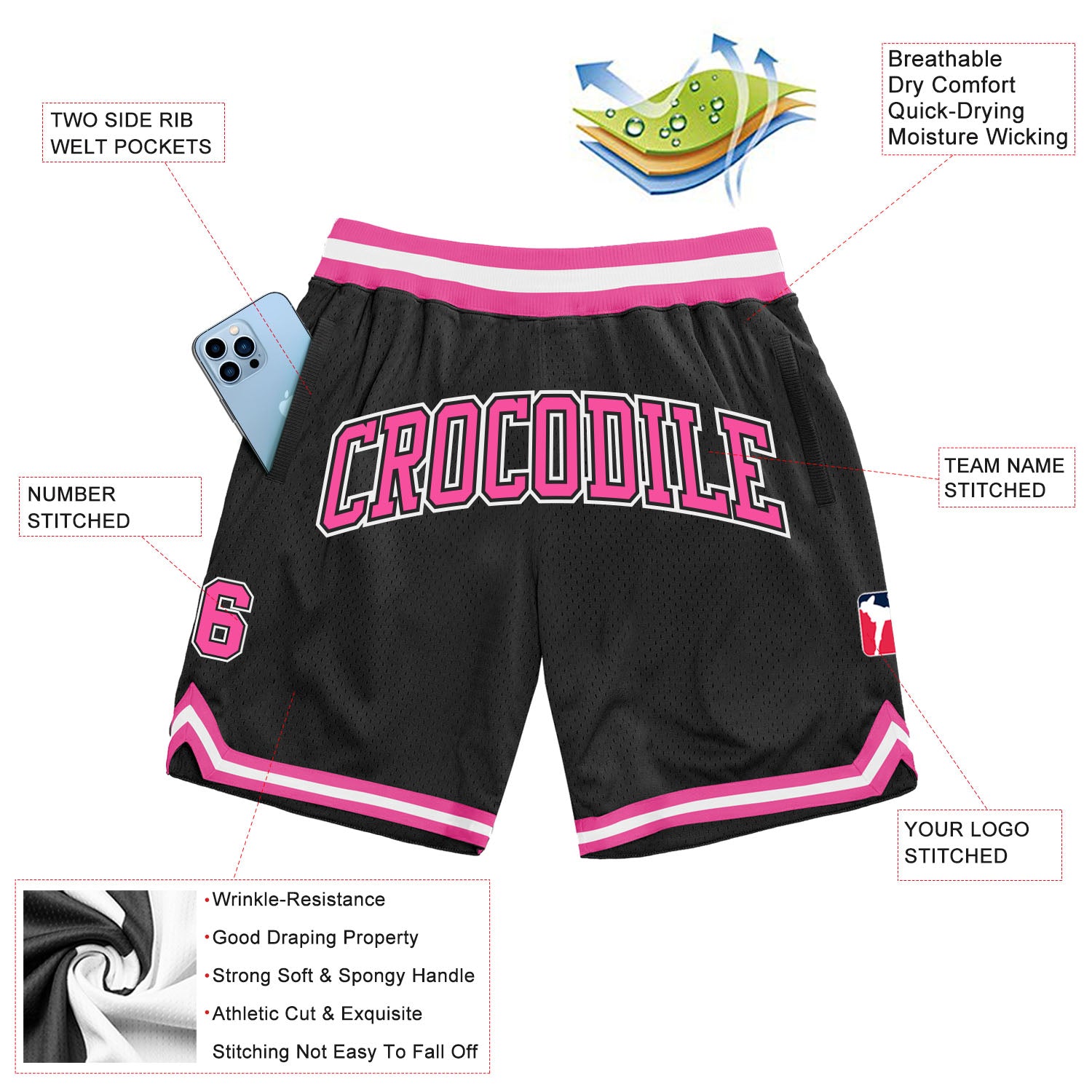 Custom Black Pink-White Authentic Throwback Basketball Shorts