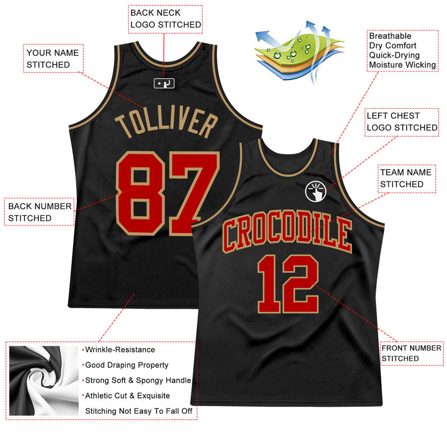 Custom Black Red-Old Gold Authentic Throwback Basketball Jersey