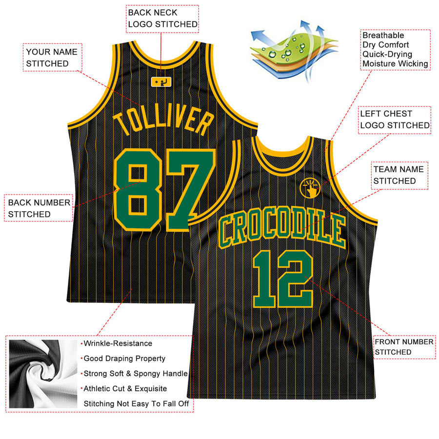 Custom Black Gold Pinstripe Kelly Green-Gold Authentic Basketball Jersey