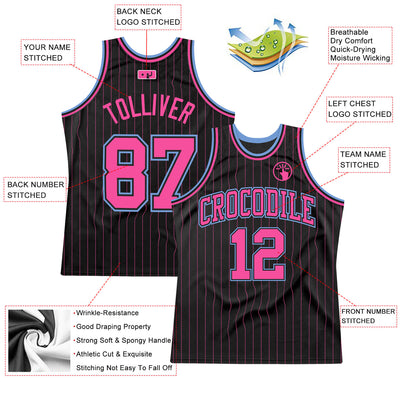 Custom Black Pink Pinstripe Pink-Light Blue Authentic Basketball Jersey