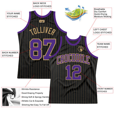 Custom Black Old Gold Pinstripe Purple-Old Gold Authentic Basketball Jersey