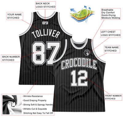 Custom Black Gray Pinstripe White-Gray Authentic Basketball Jersey