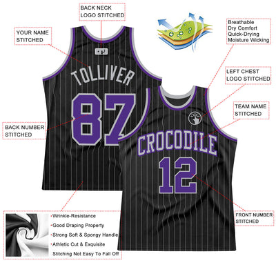 Custom Black Gray Pinstripe Purple-Gray Authentic Basketball Jersey