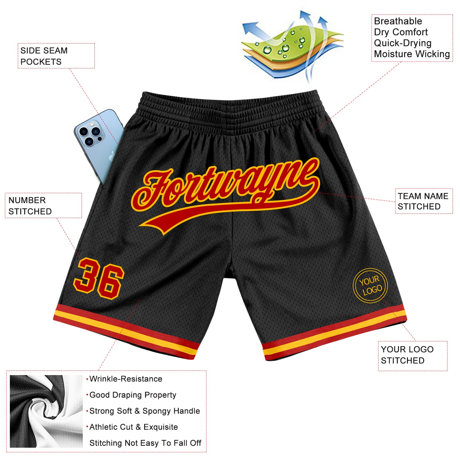 Custom Black Red-Gold Authentic Throwback Basketball Shorts