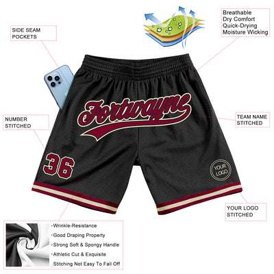 Custom Black Maroon-Cream Authentic Throwback Basketball Shorts