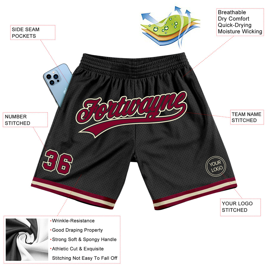 Custom Black Maroon-Cream Authentic Throwback Basketball Shorts