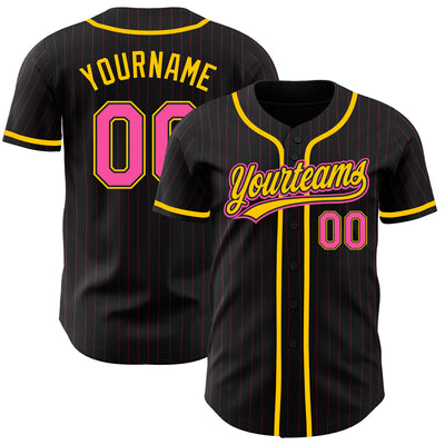 Custom Black Pink Pinstripe Pink-Yellow Authentic Baseball Jersey