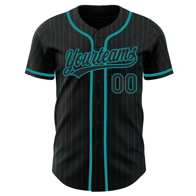 Custom Black Teal Pinstripe Black Authentic Baseball Jersey