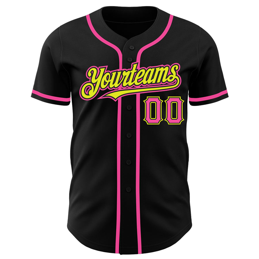 Custom Black Pink-Neon Yellow Authentic Baseball Jersey