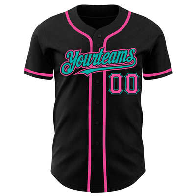 Custom Black Pink-Aqua Authentic Baseball Jersey