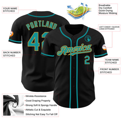 Custom Black Teal-Old Gold Authentic Baseball Jersey