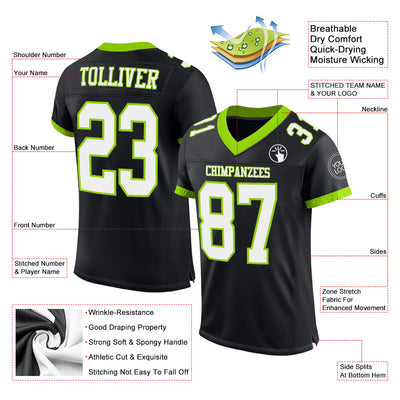 Custom Black White-Neon Green Mesh Authentic Football Jersey