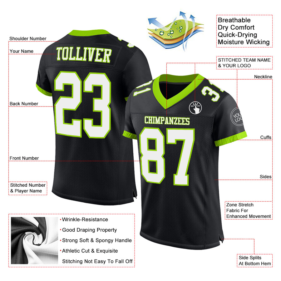 Custom Black White-Neon Green Mesh Authentic Football Jersey