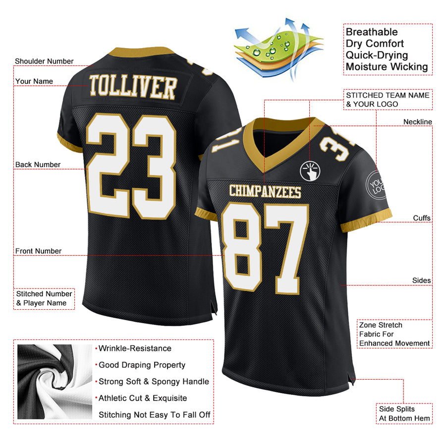 Custom Black White-Old Gold Mesh Authentic Football Jersey