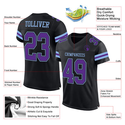 Custom Black Purple-Light Blue Mesh Authentic Football Jersey