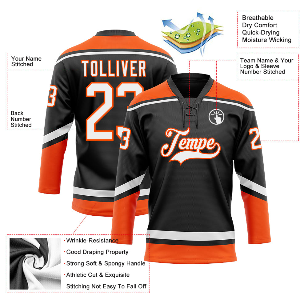 Custom Black White-Orange Hockey Lace Neck Jersey