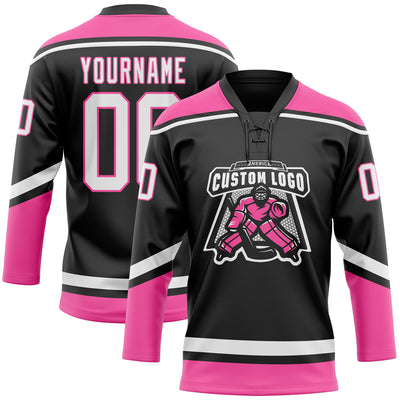 Custom Black White-Pink Hockey Lace Neck Jersey