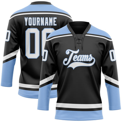 Custom Black White-Light Blue Hockey Lace Neck Jersey