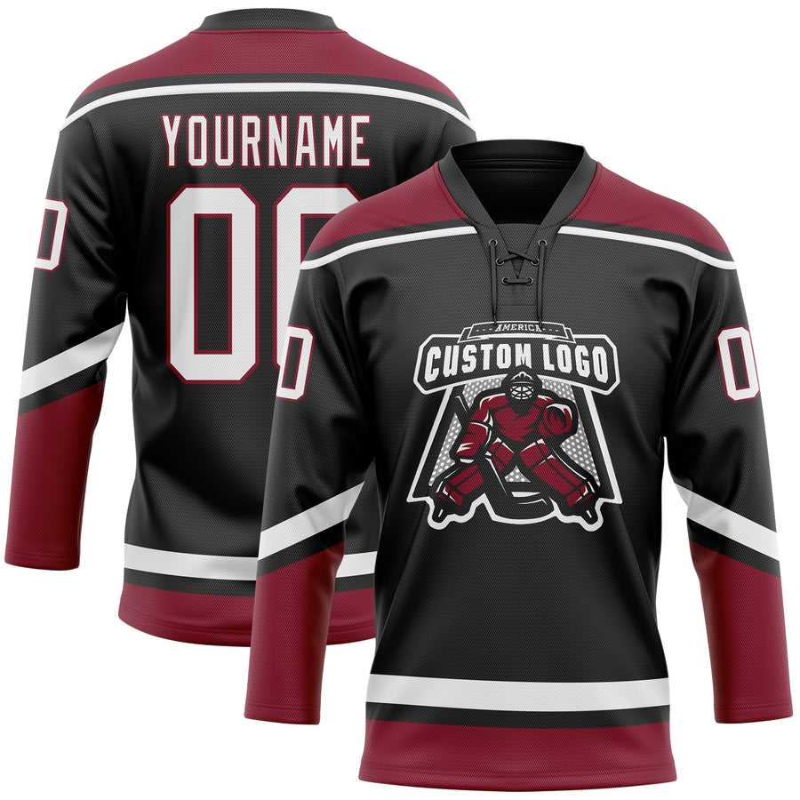 Custom Black White-Crimson Hockey Lace Neck Jersey