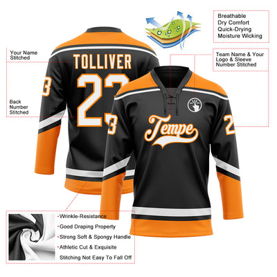 Custom Black White-Bay Orange Hockey Lace Neck Jersey