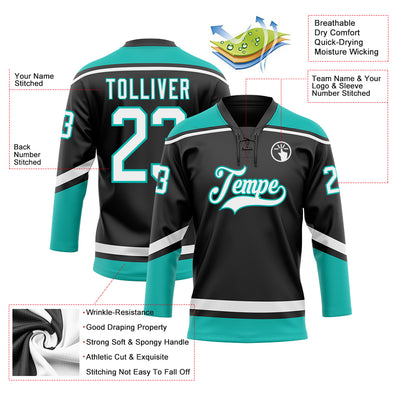 Custom Black White-Aqua Hockey Lace Neck Jersey