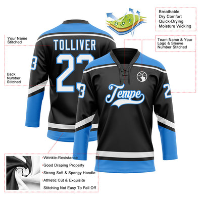 Custom Black White-Powder Blue Hockey Lace Neck Jersey